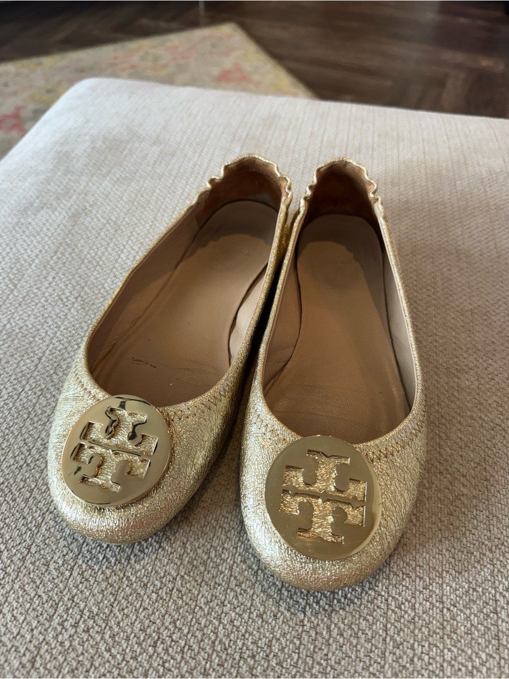 Tory Burch Classic Gold Leather Logo Ballet Flats - Women